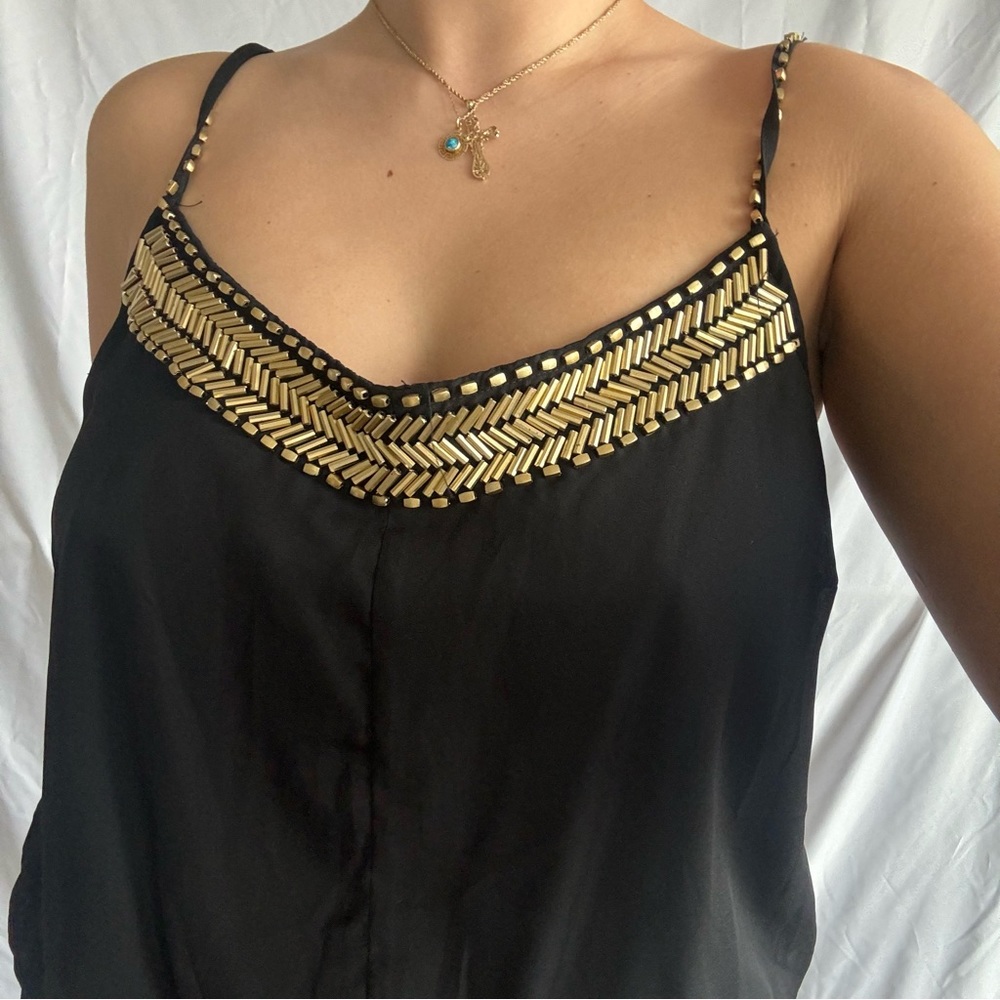 Black Backless Tie Back Romper with Gold Bead Lining - Picture 4 of 9